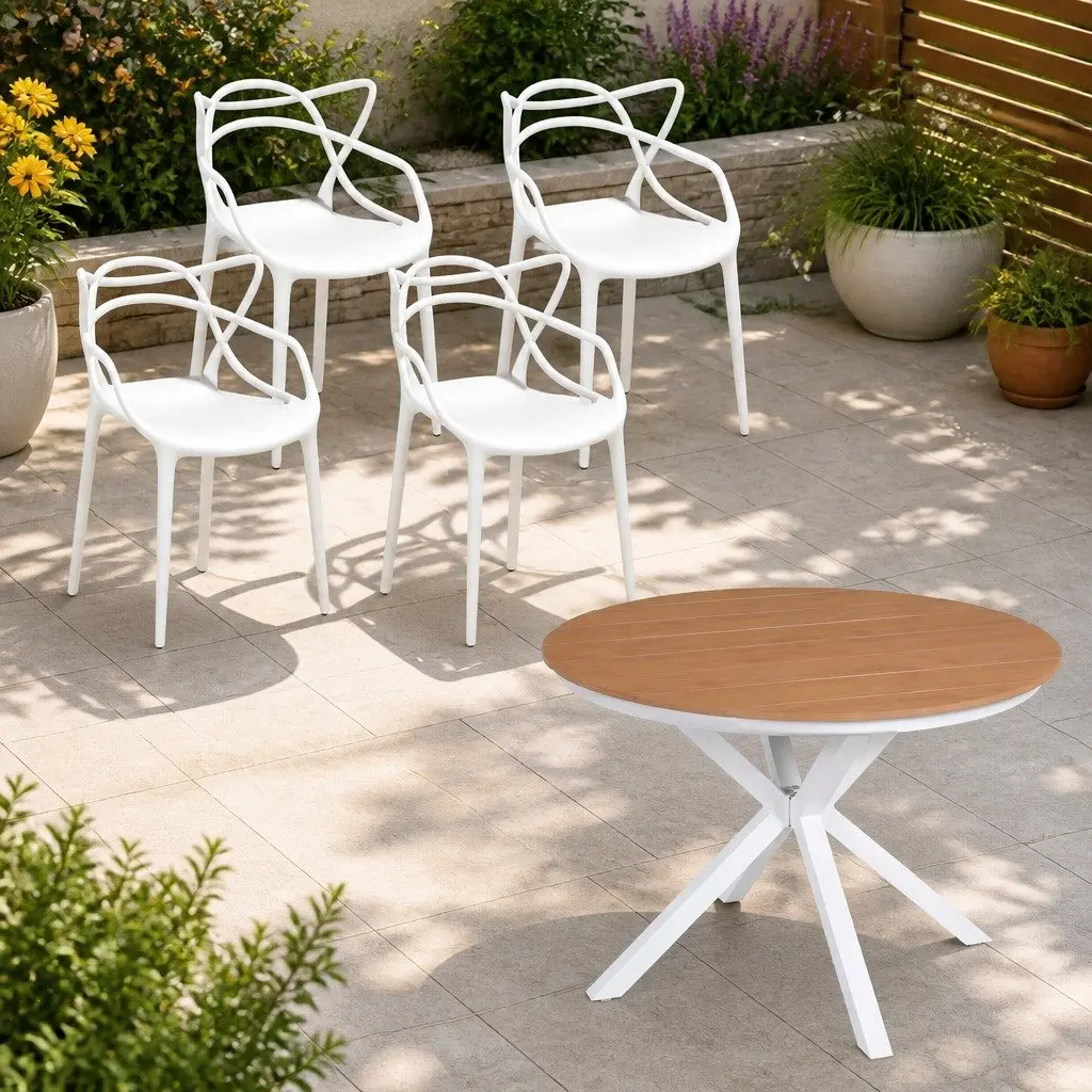 5 Piece Outdoor Dining Set White Table Chairs Patio Garden Furniture Stackable