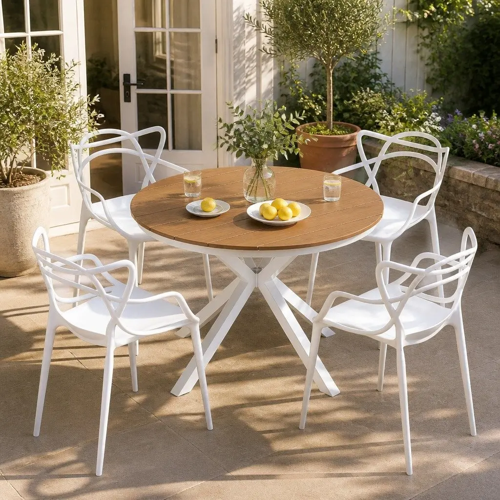 5 Piece Outdoor Dining Set White Table Chairs Patio Garden Furniture Stackable