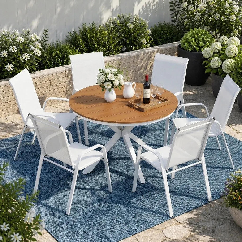 7 Piece Outdoor Dining Set Table Chairs Patio Garden Furniture White Steel