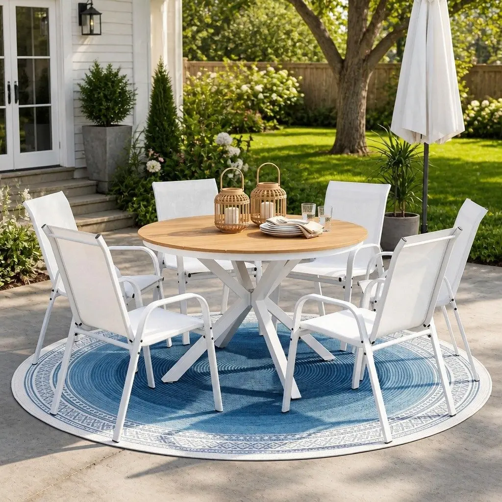 7 Piece Outdoor Dining Set Table Chairs Patio Garden Furniture White Steel