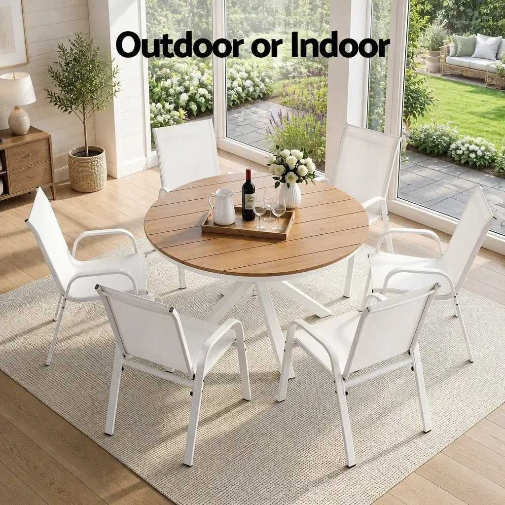 7 Piece Outdoor Dining Set Table Chairs Patio Garden Furniture White Steel