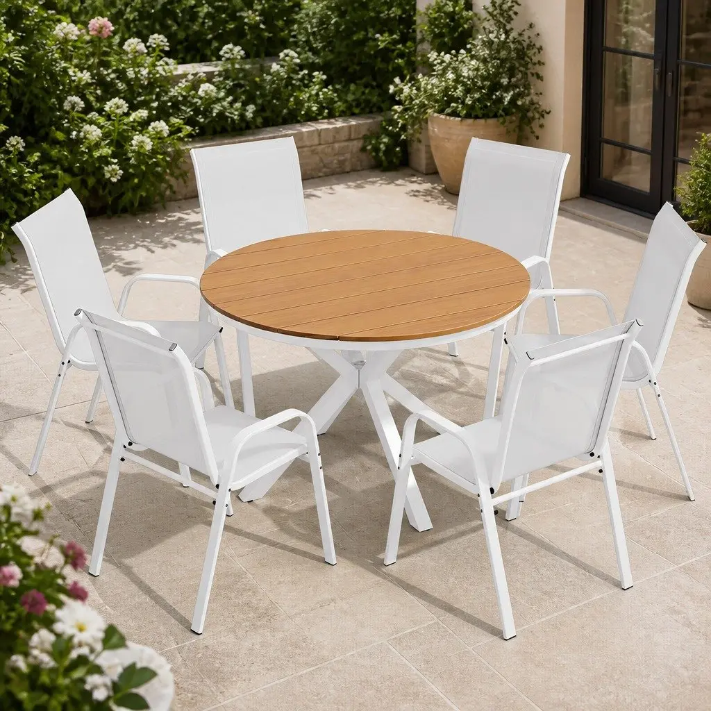 7 Piece Outdoor Dining Set Table Chairs Patio Garden Furniture White Steel