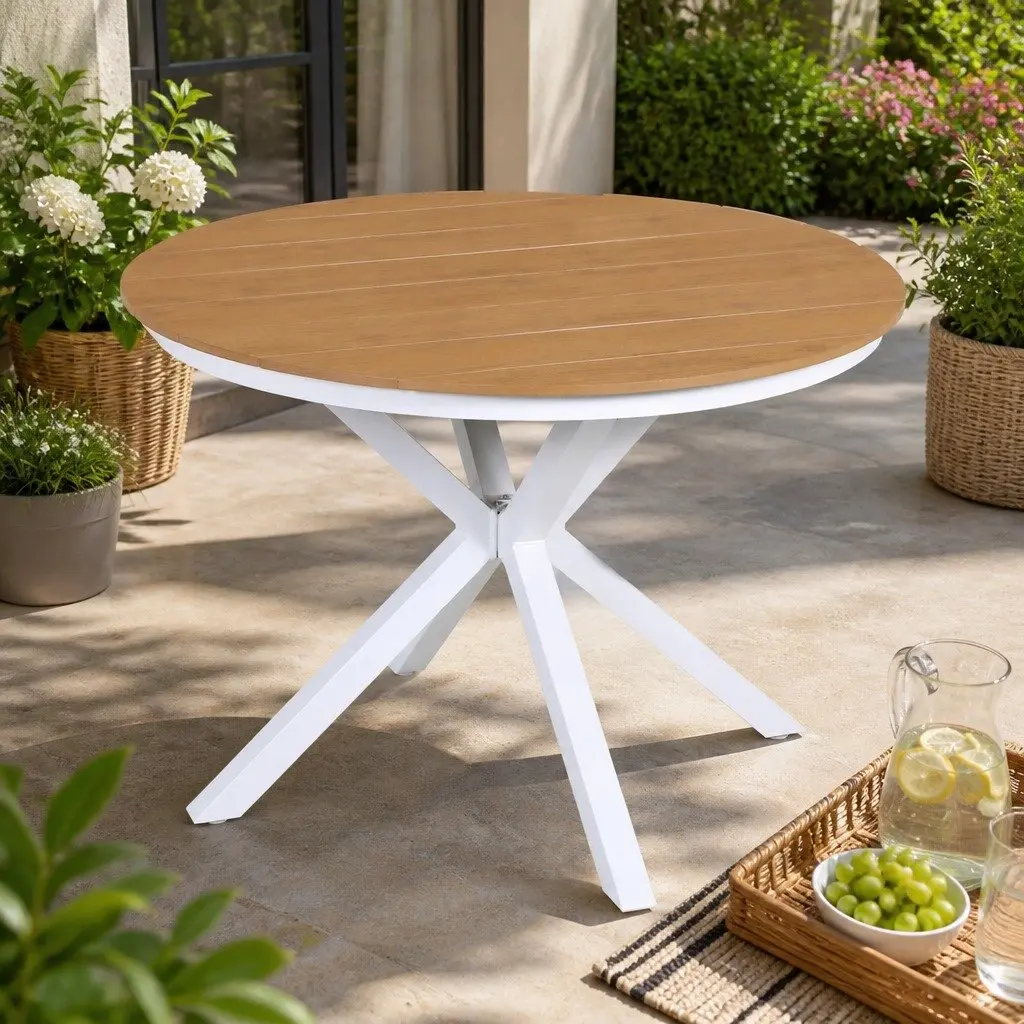 Round Outdoor Dining Table 108CM White WPC Top Aluminum Frame Patio Furniture