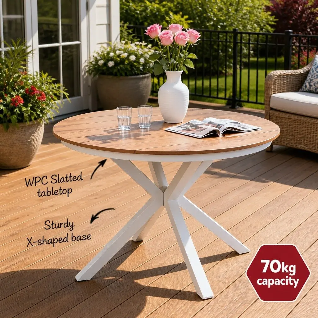 Round Outdoor Dining Table 108CM White WPC Top Aluminum Frame Patio Furniture