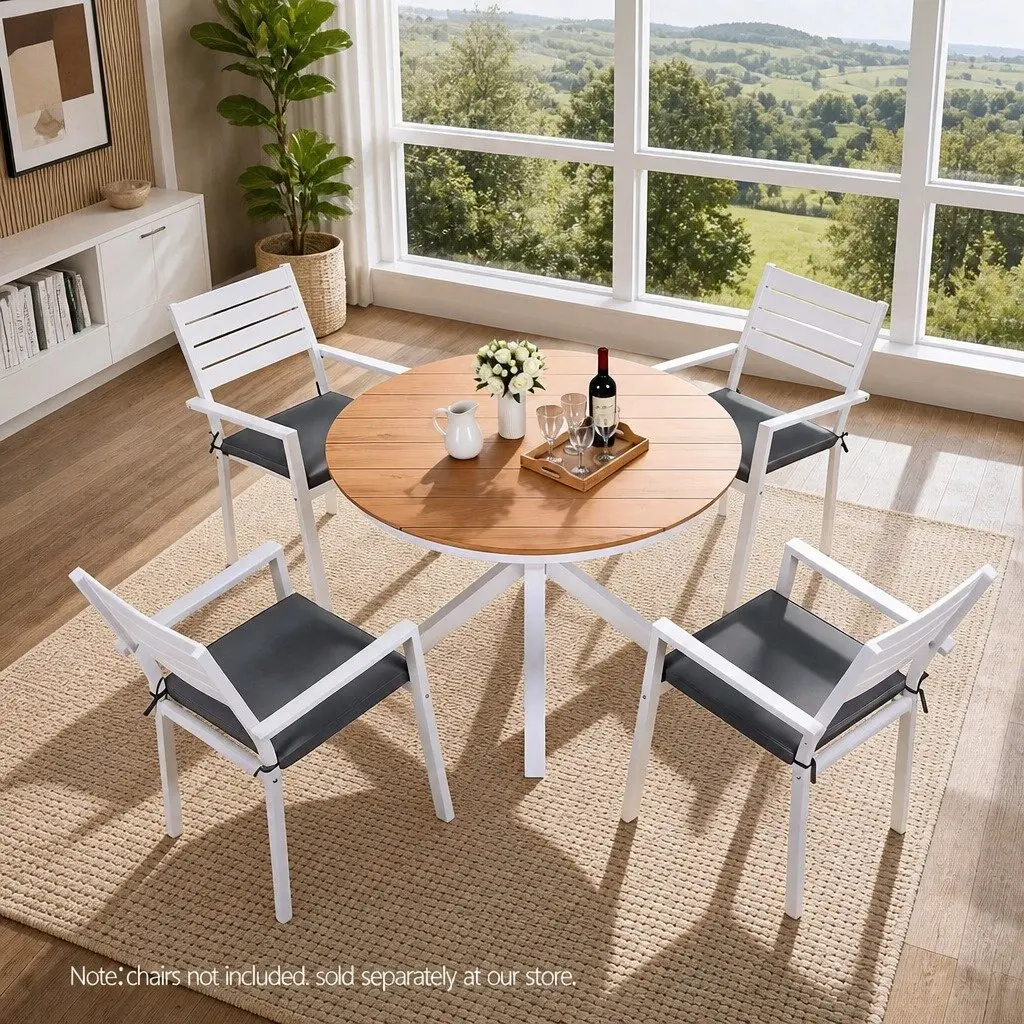 Round Outdoor Dining Table 108CM White WPC Top Aluminum Frame Patio Furniture