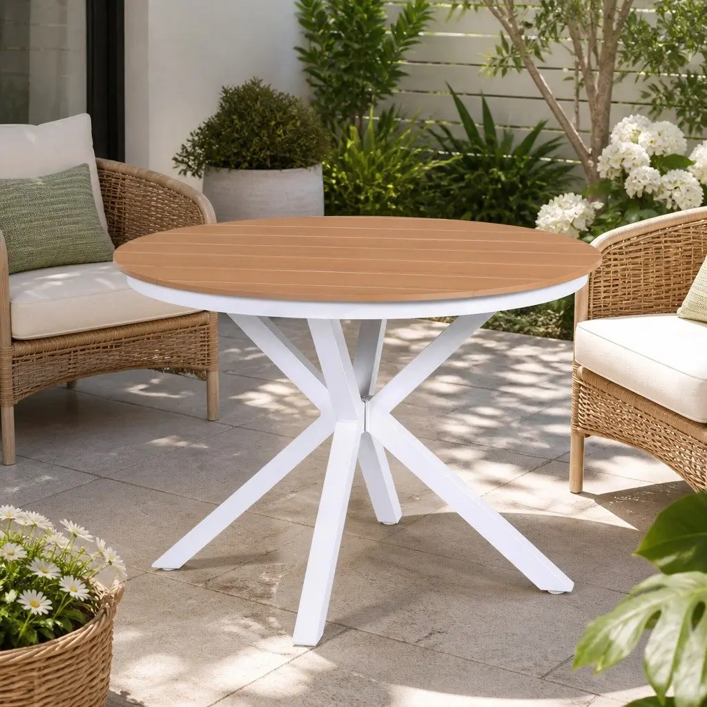 Round Outdoor Dining Table 108CM White WPC Top Aluminum Frame Patio Furniture