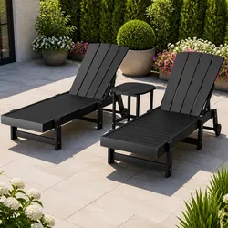 3-Piece Outdoor Sun Lounger Set with Side Table Adjustable Chaise Lounger Beach
