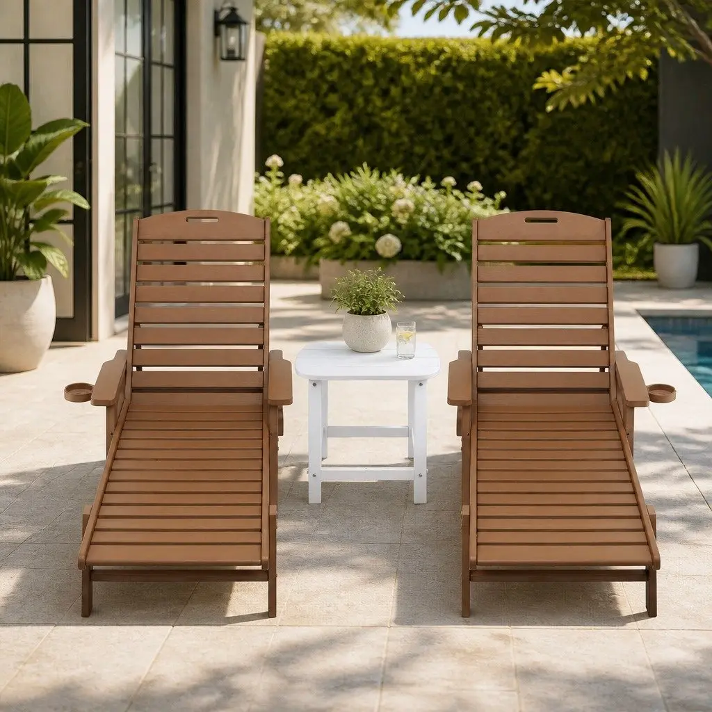 Outdoor Lounger Set for Patio Poolside 3 Piece Adjustable Chaise Lounge with Side Table