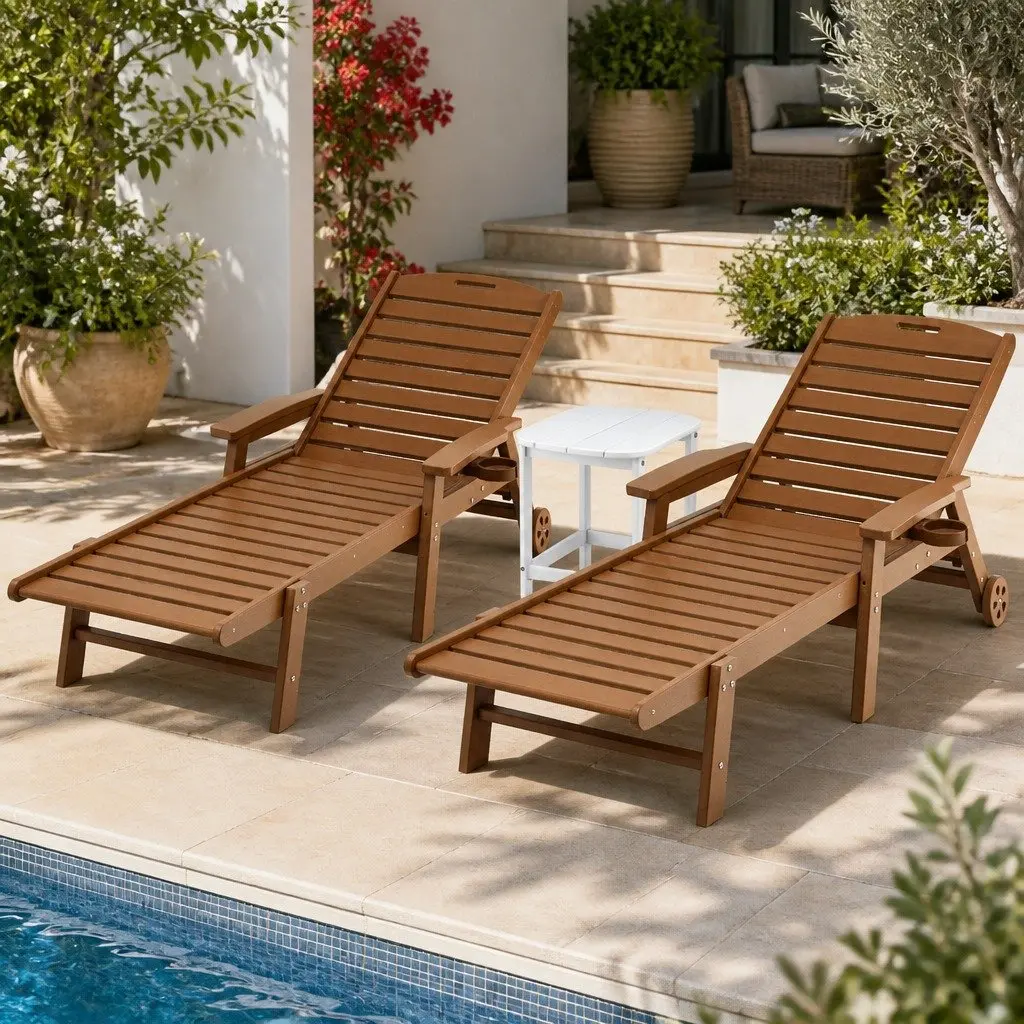 Outdoor Lounger Set for Patio Poolside 3 Piece Adjustable Chaise Lounge with Side Table