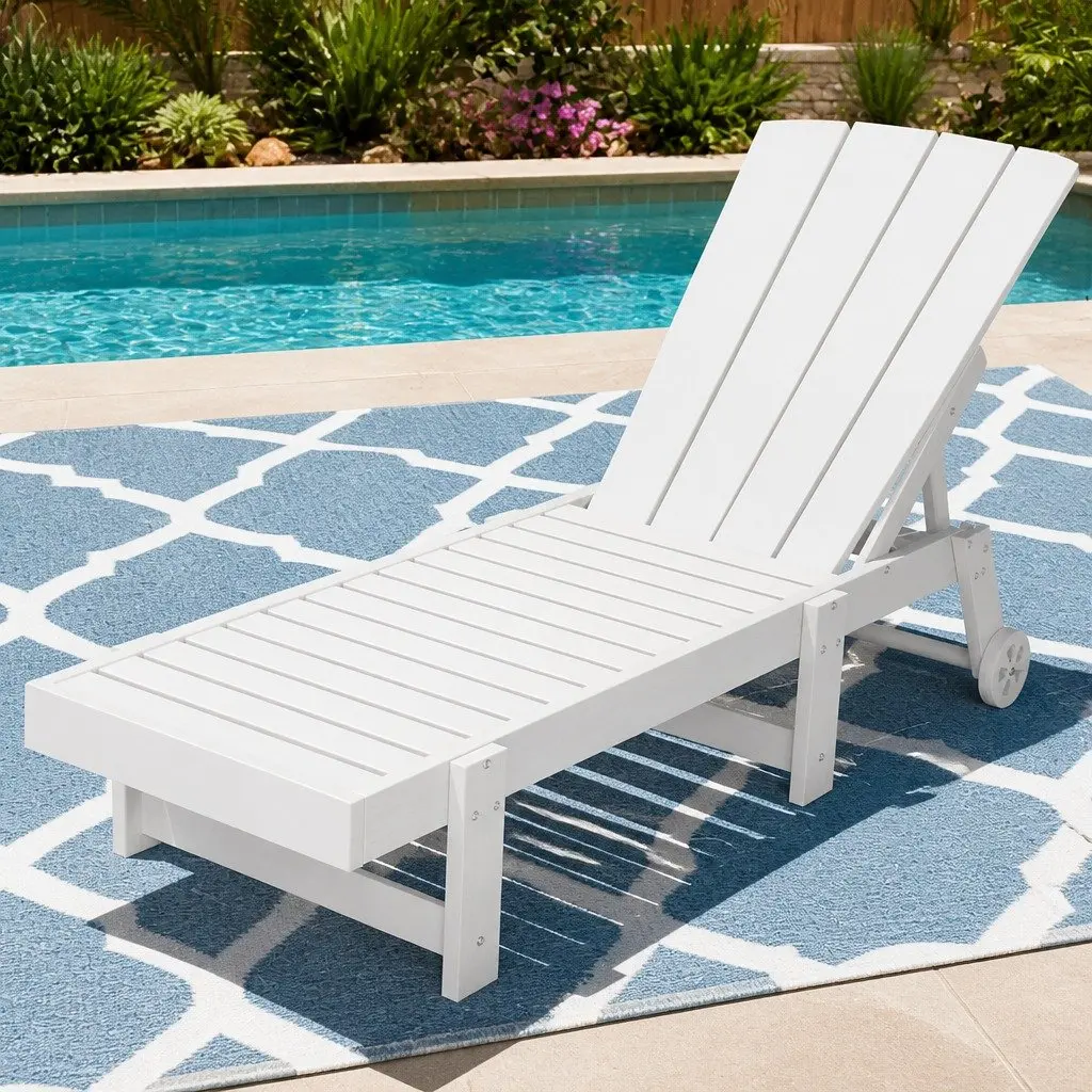 Sun Lounge Chair Outdoor Patio Adjustable 4-Position Lounger with Wheels White