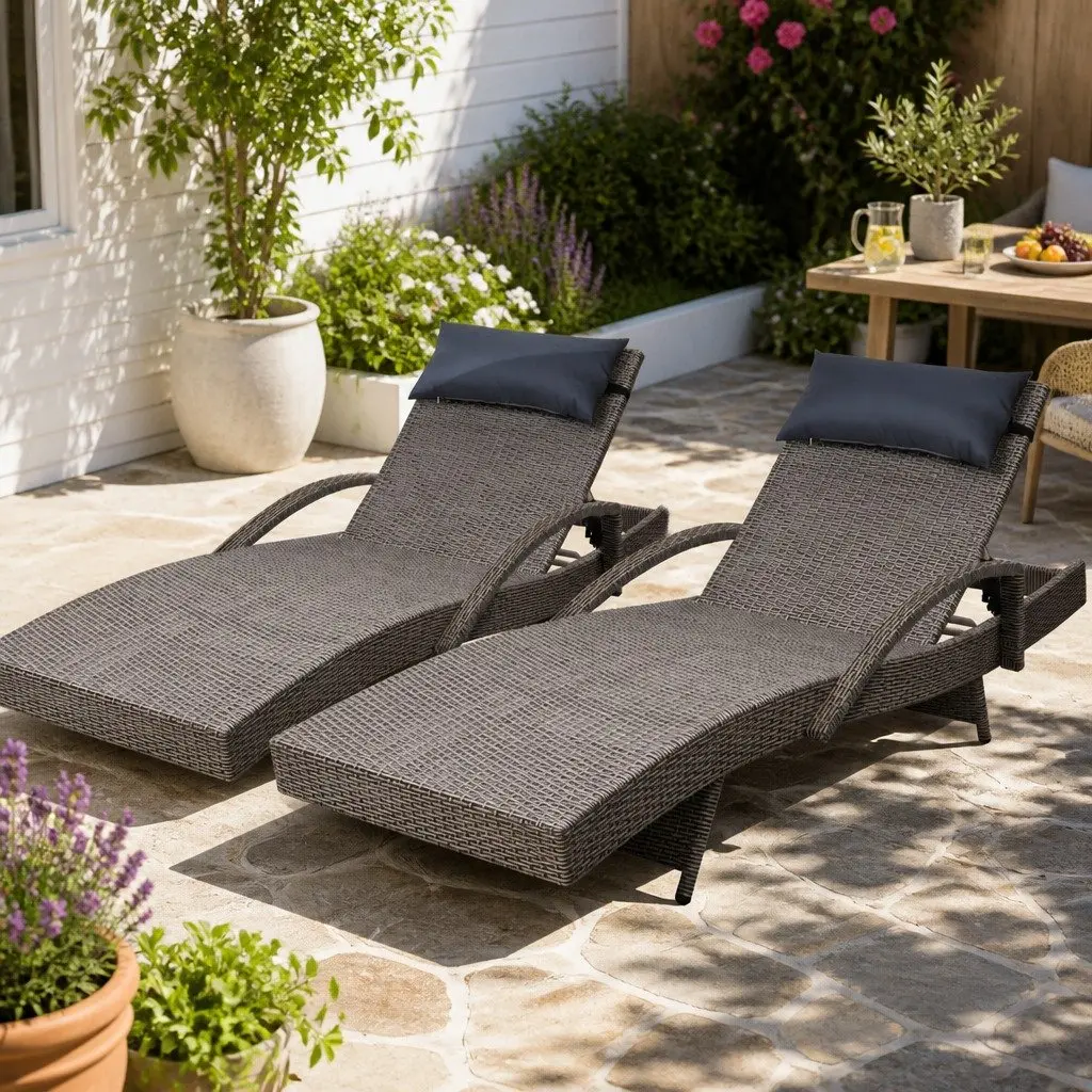 Wicker Lounger Outdoor Furniture Adjustable Armchair Beach Recliner 190cm x 70cm x 75cm