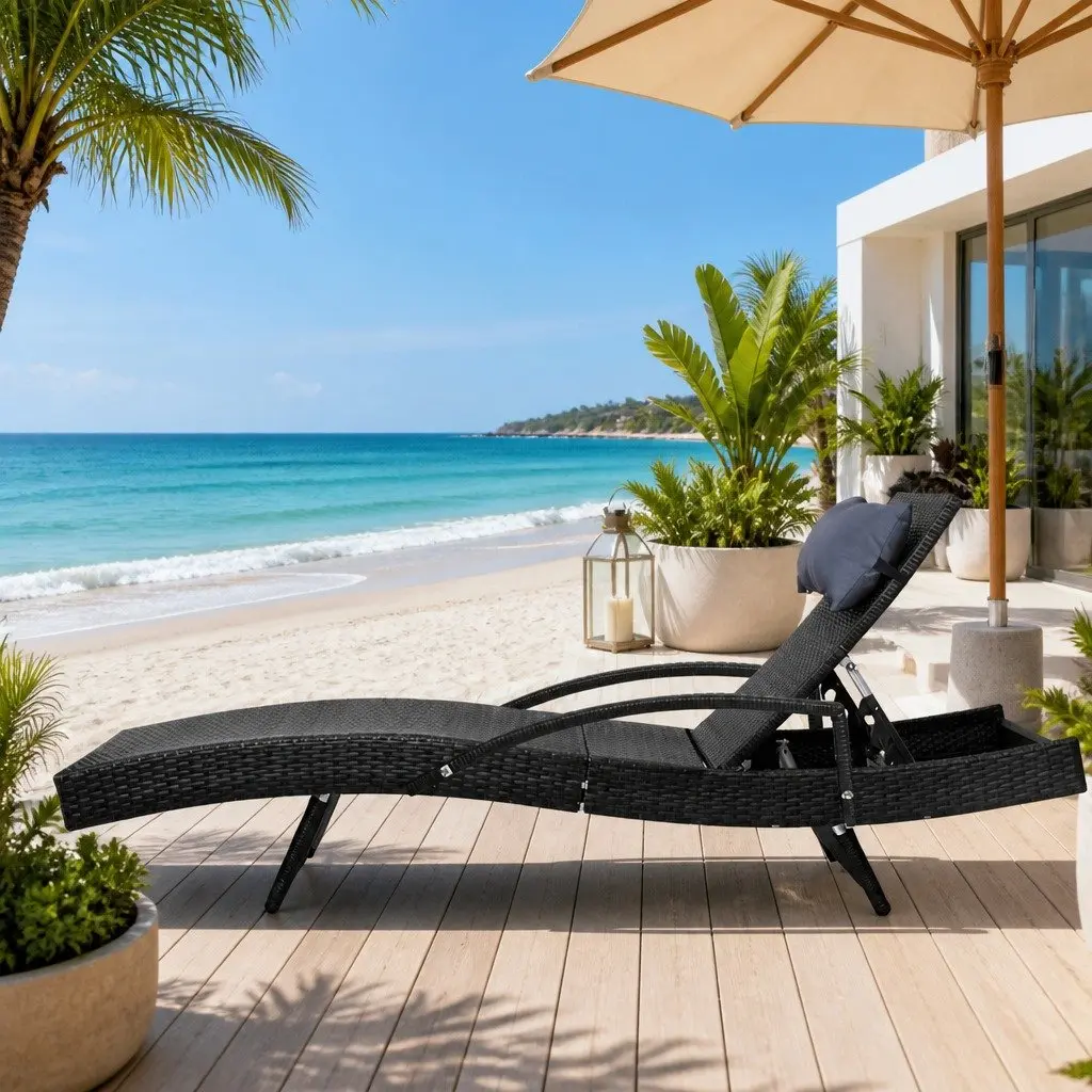 Adjustable Black Wicker Sun Lounge Chair