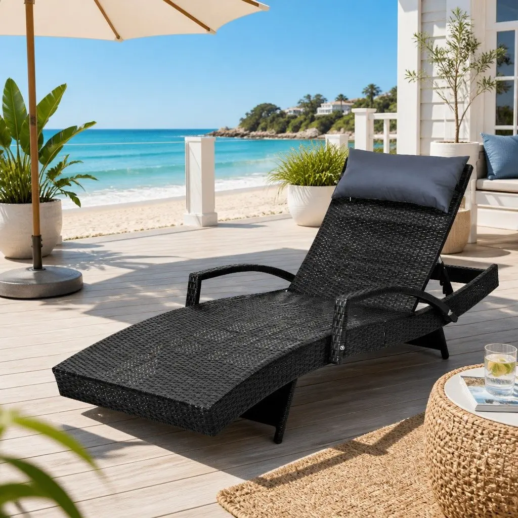 Adjustable Black Wicker Sun Lounge Chair