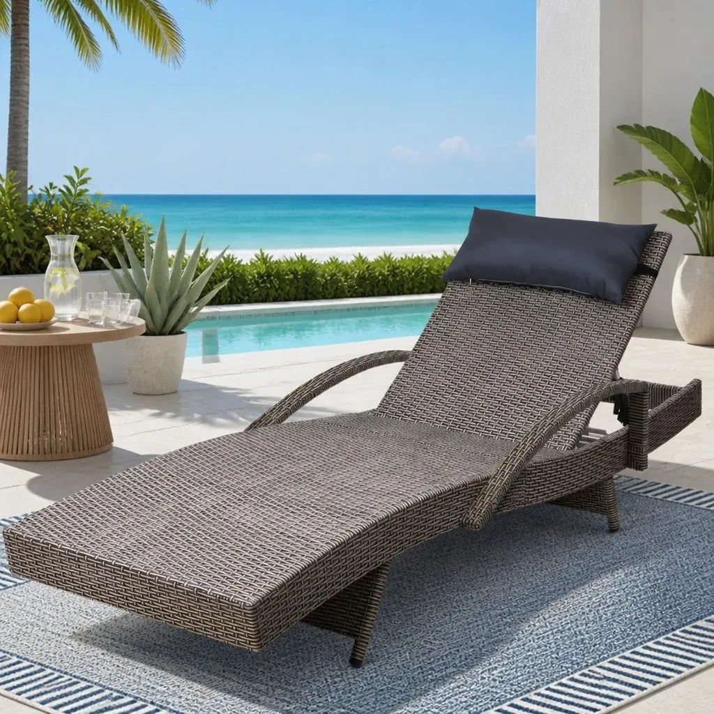 Outdoor Sun Lounge Armchair Adjustable Recliner Beach Lounger Grey Beige 190cm x 70cm x 75cm