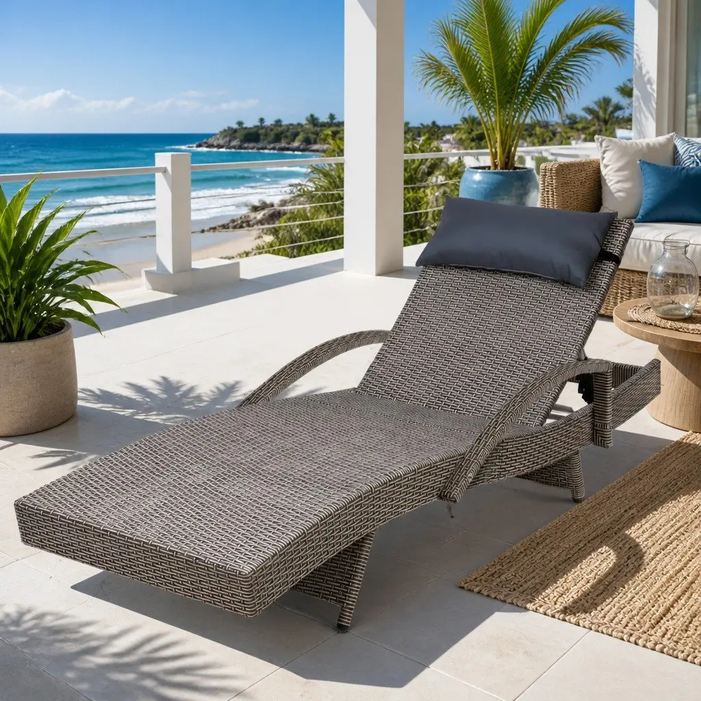 Outdoor Sun Lounge Armchair Adjustable Recliner Beach Lounger Grey Beige 190cm x 70cm x 75cm