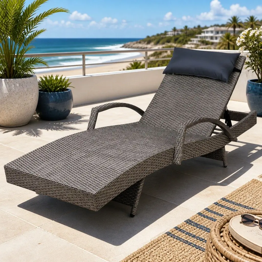 Outdoor Sun Lounge Armchair Adjustable Recliner Beach Lounger Grey Beige 190cm x 70cm x 75cm