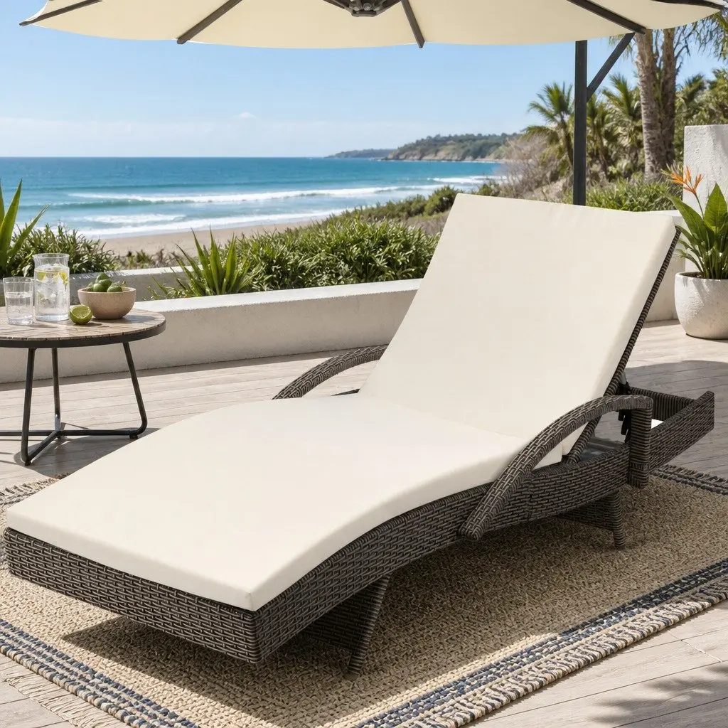 Sun Lounge Wicker Lounger Outdoor Furniture Adjustable Backrest 190cm L x 70cm W x 75cm H