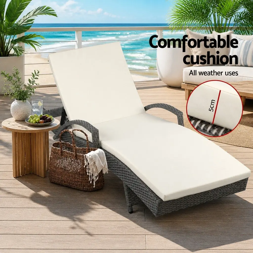 Sun Lounge Wicker Lounger Outdoor Furniture Adjustable Backrest 190cm L x 70cm W x 75cm H