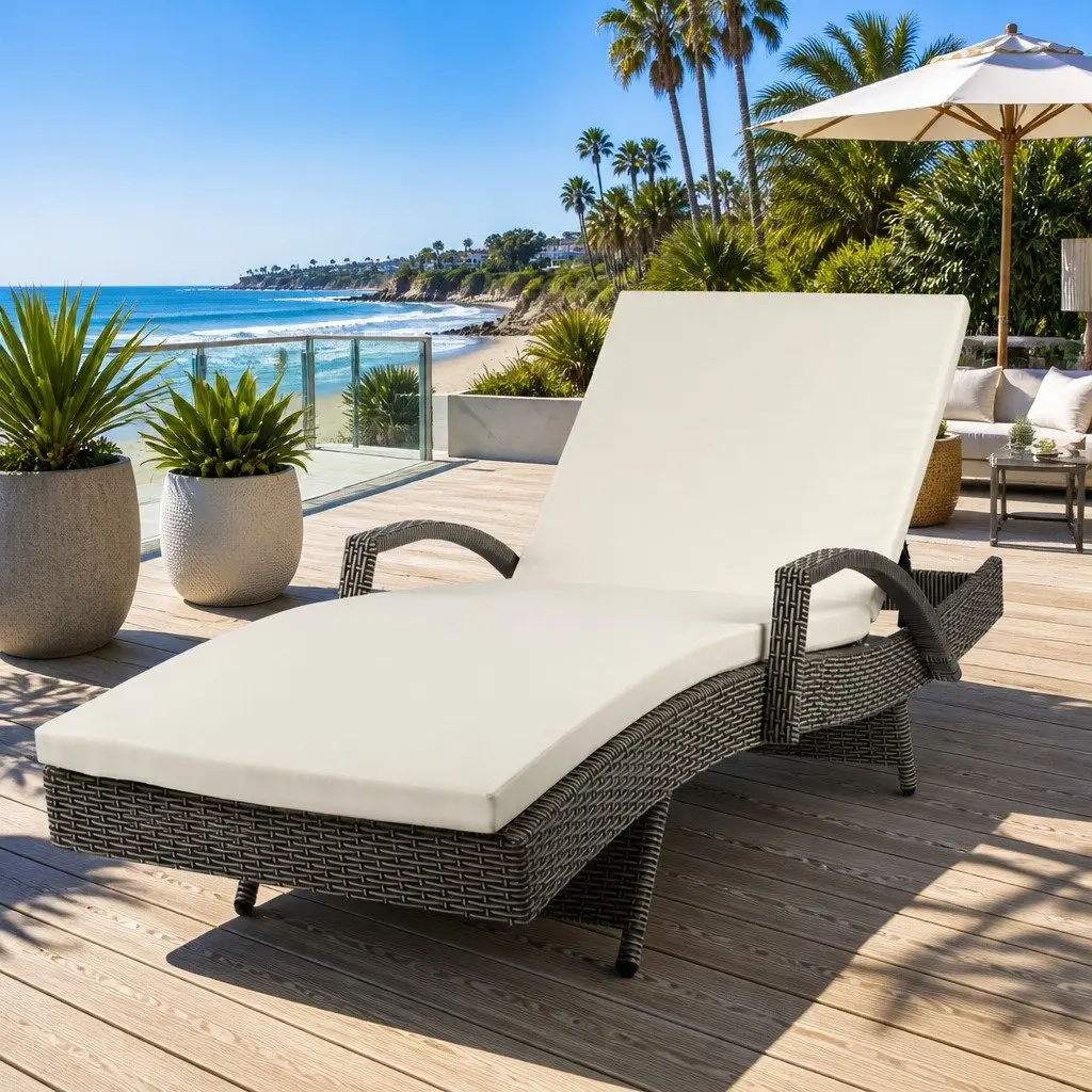 Sun Lounge Wicker Lounger Outdoor Furniture Adjustable Backrest 190cm L x 70cm W x 75cm H