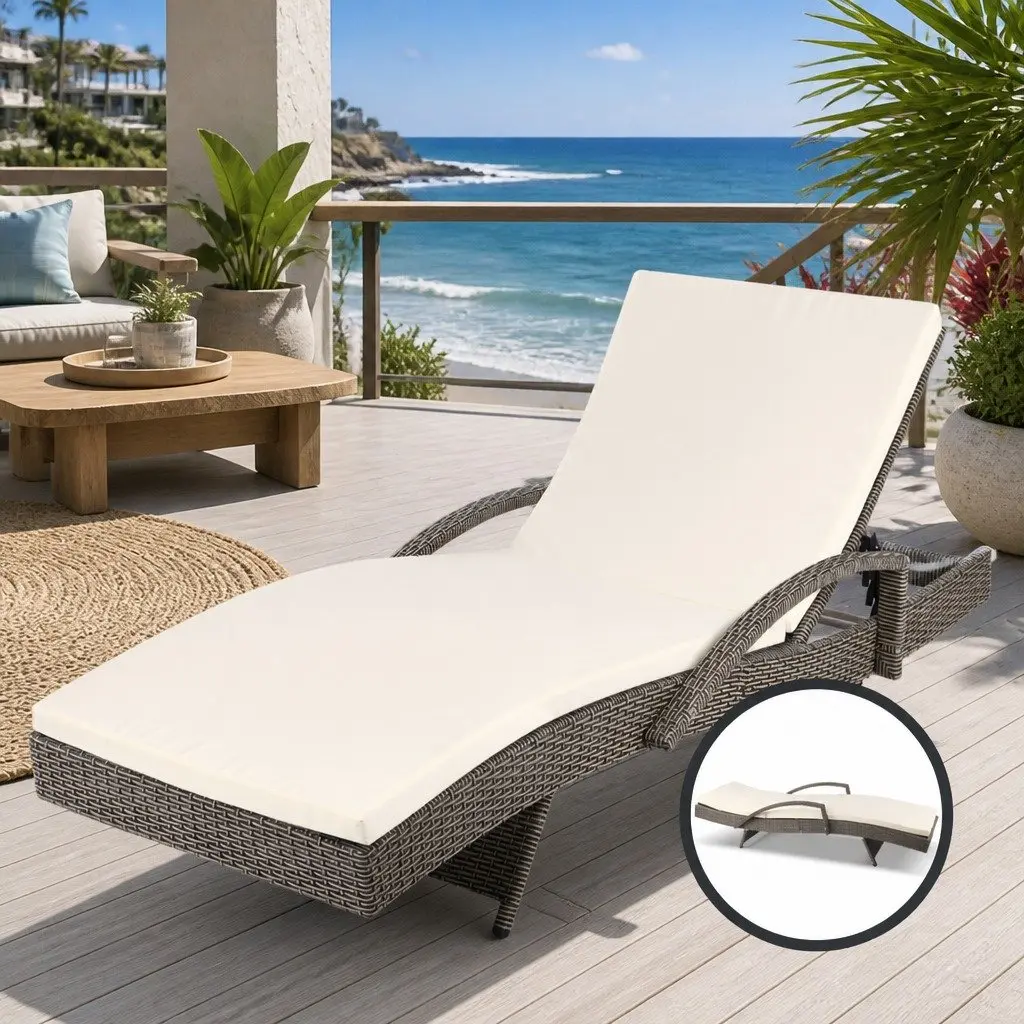 Sun Lounge Wicker Lounger Outdoor Furniture Adjustable Backrest 190cm L x 70cm W x 75cm H