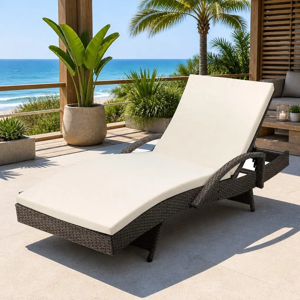 Sun Lounge Wicker Lounger Outdoor Furniture Adjustable Backrest 190cm L x 70cm W x 75cm H