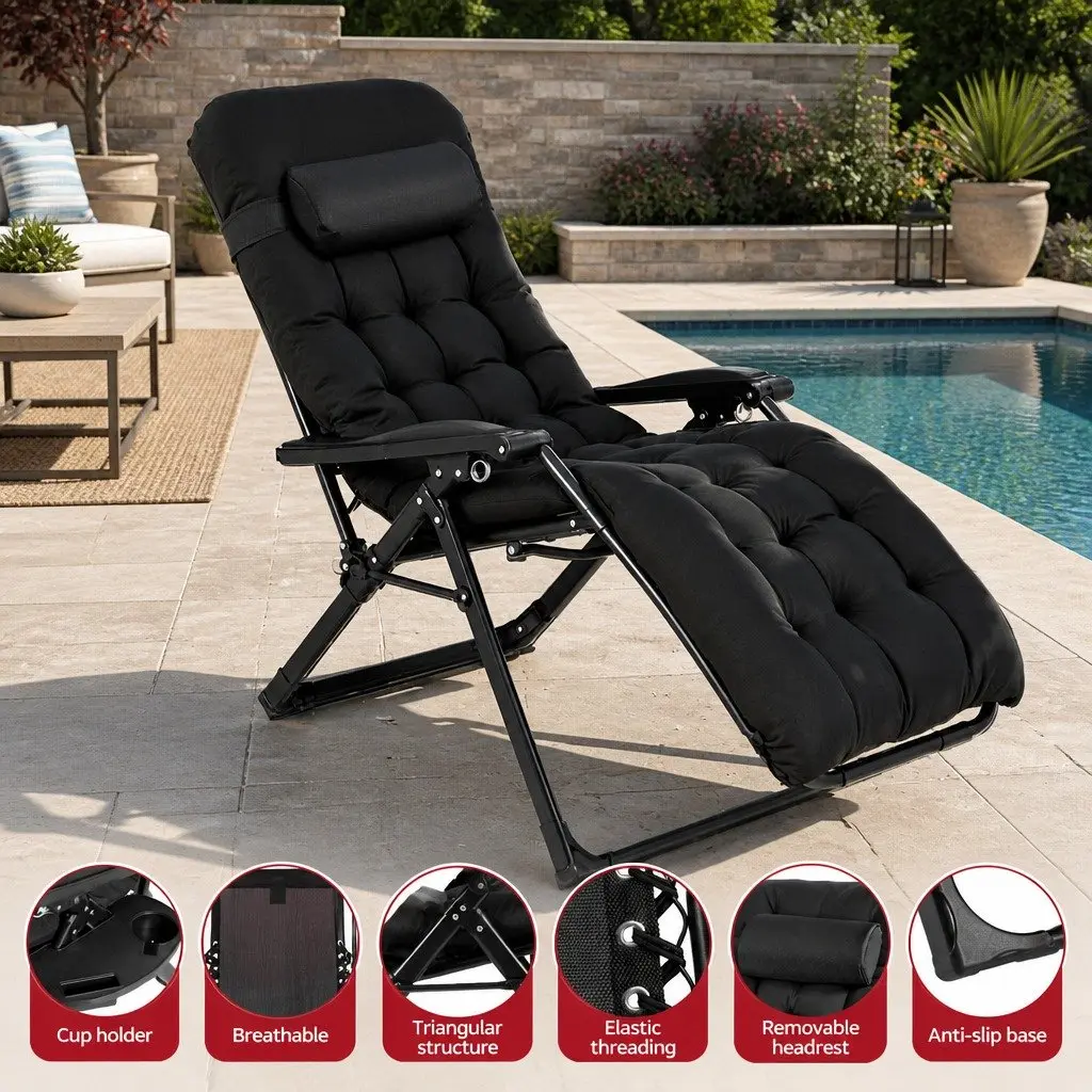 Folding Sun Lounger Outdoor Garden Camping Adjustable Reclining Chair