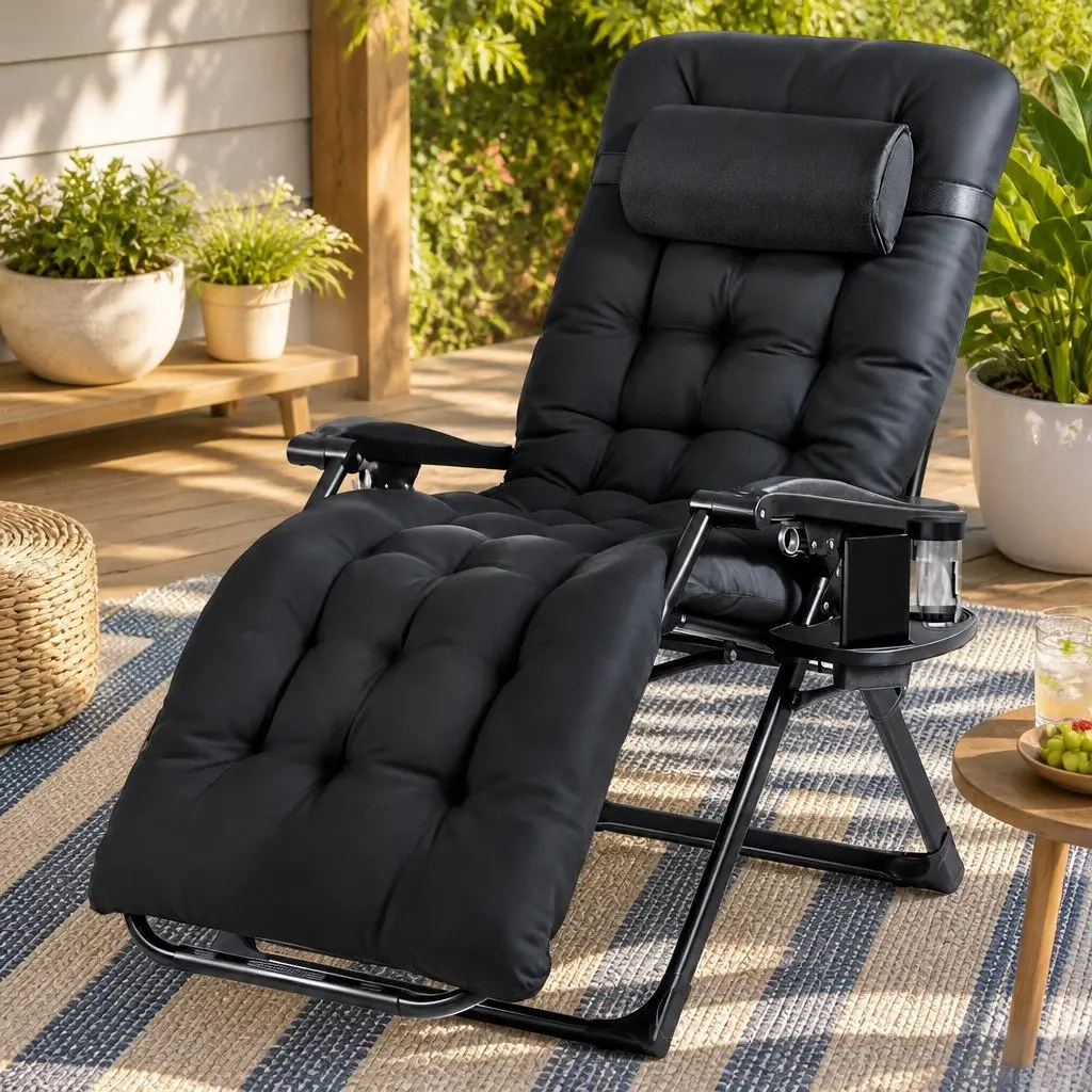 Folding Sun Lounger Outdoor Garden Camping Adjustable Reclining Chair