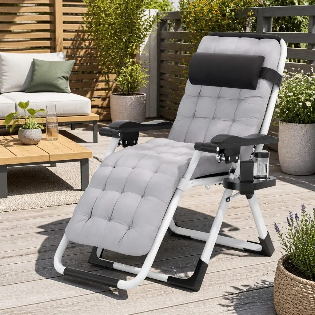 Folding Sun Lounger with Adjustable Backrest and Cup Holder