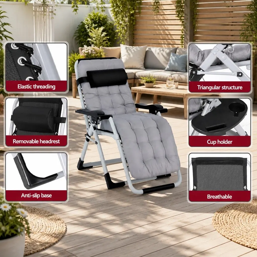 Folding Sun Lounger Outdoor Lounge Chair with Adjustable Backrest and Headrest