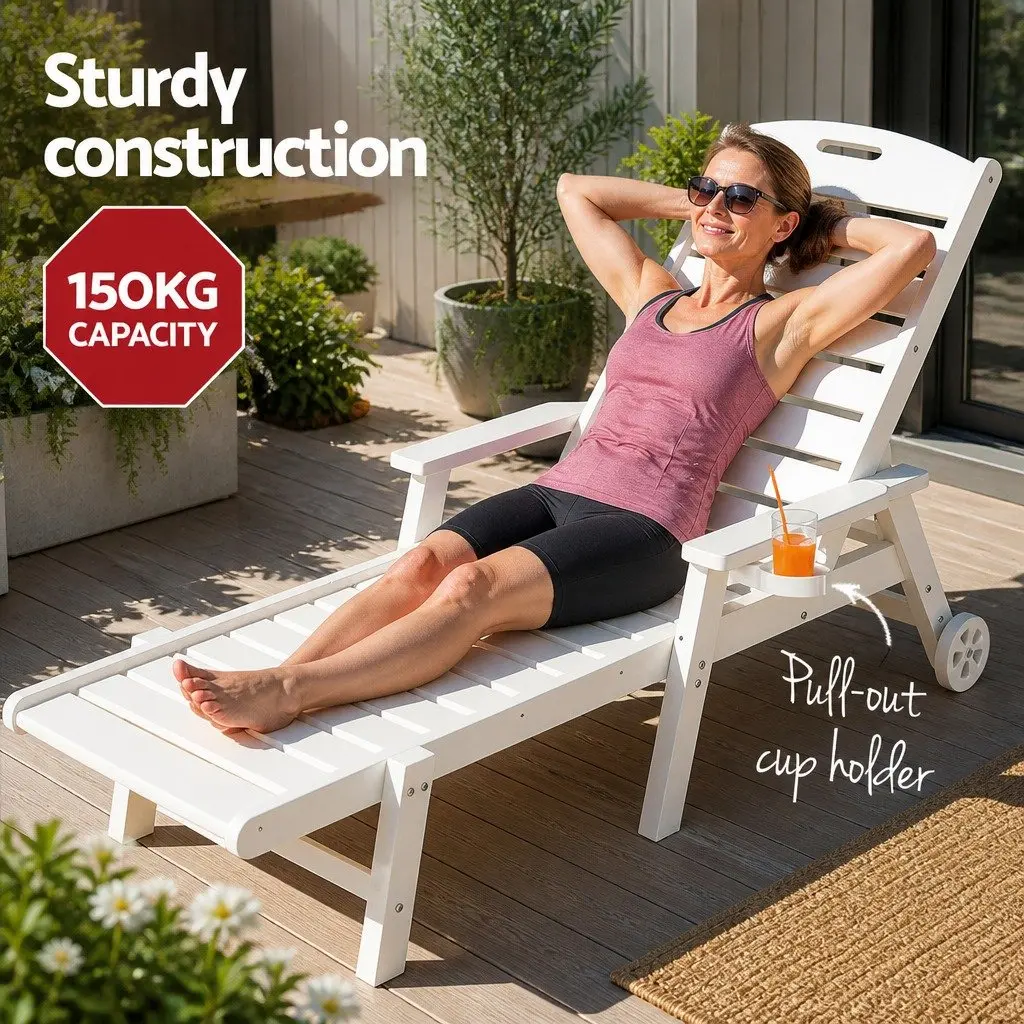 Adjustable Sun Lounger Outdoor Chair for Patio Beach Poolside White