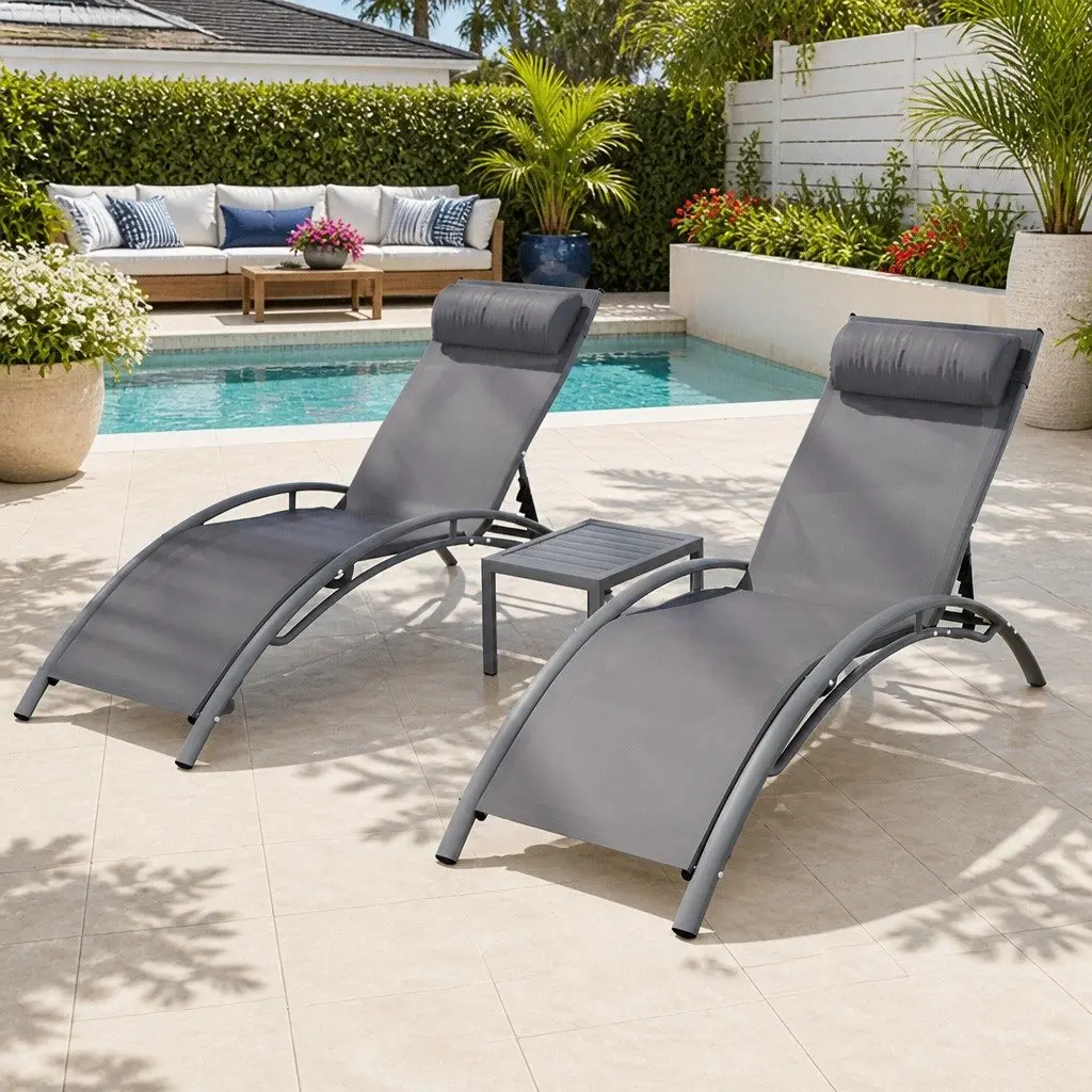 Outdoor Lounge Set for Backyard Poolside Garden 3 Piece Steel Frame Grey