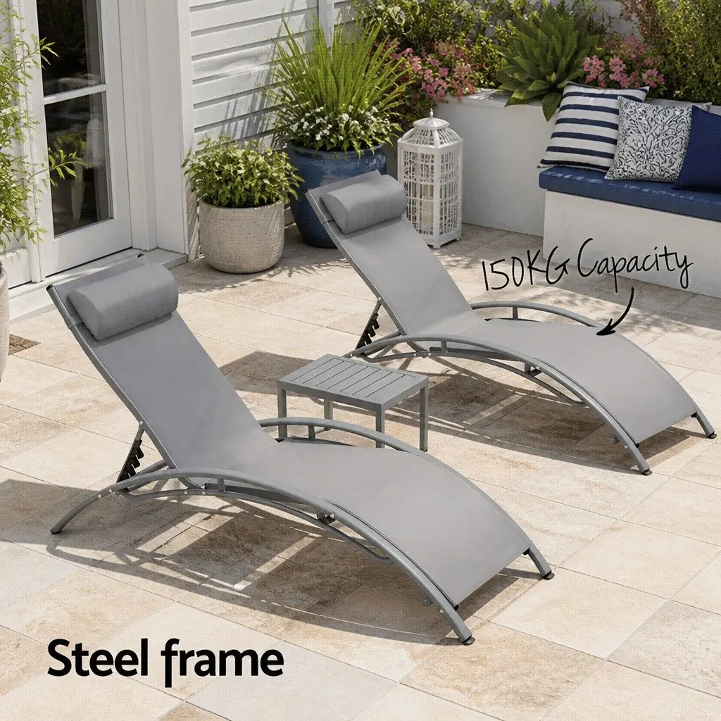 Outdoor Lounge Set for Backyard Poolside Garden 3 Piece Steel Frame Grey