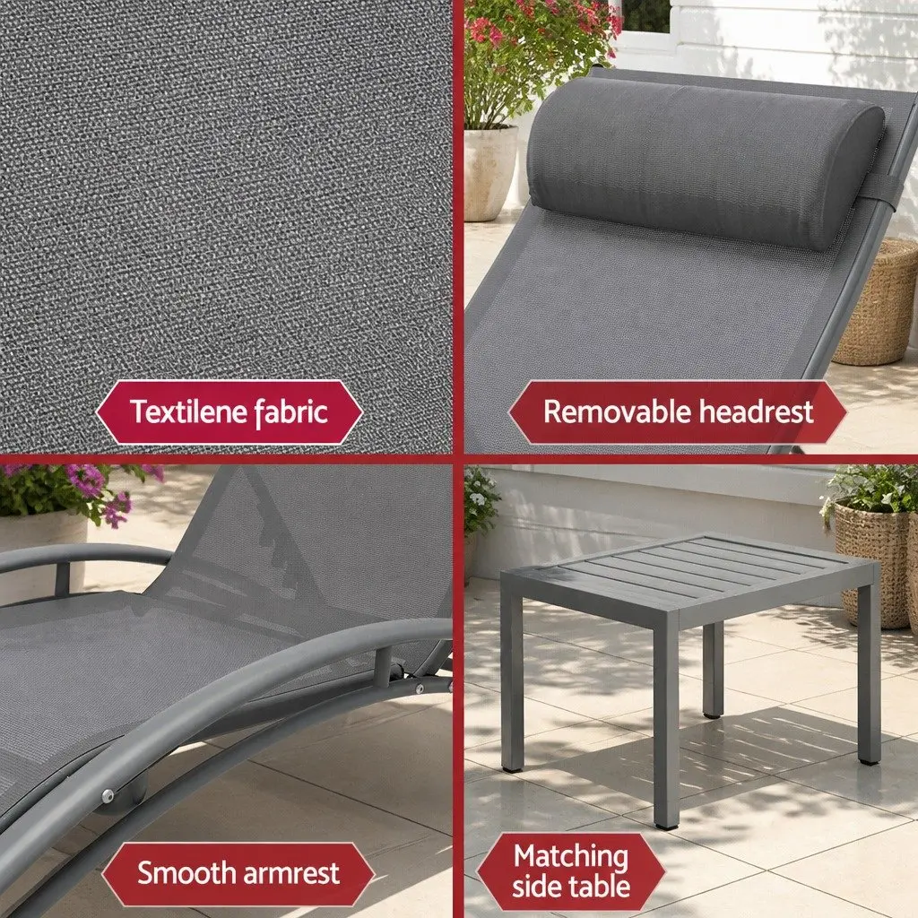 Outdoor Lounge Set for Backyard Poolside Garden 3 Piece Steel Frame Grey