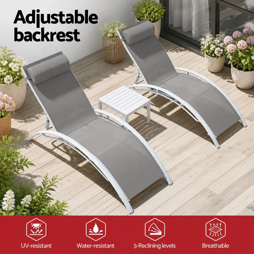 3 Piece Outdoor Lounge Set for Garden Patio Sun Lounger Chairs Steel Frame