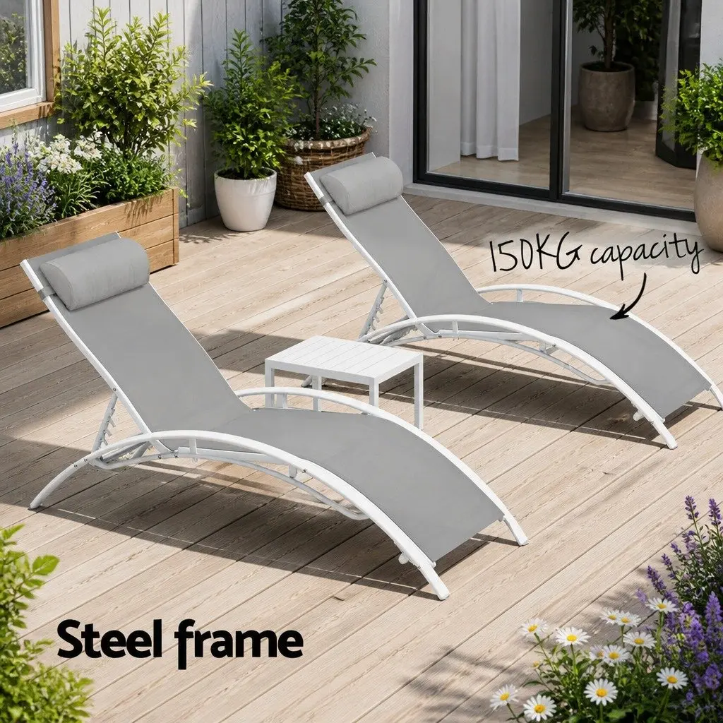 3 Piece Outdoor Lounge Set for Garden Patio Sun Lounger Chairs Steel Frame