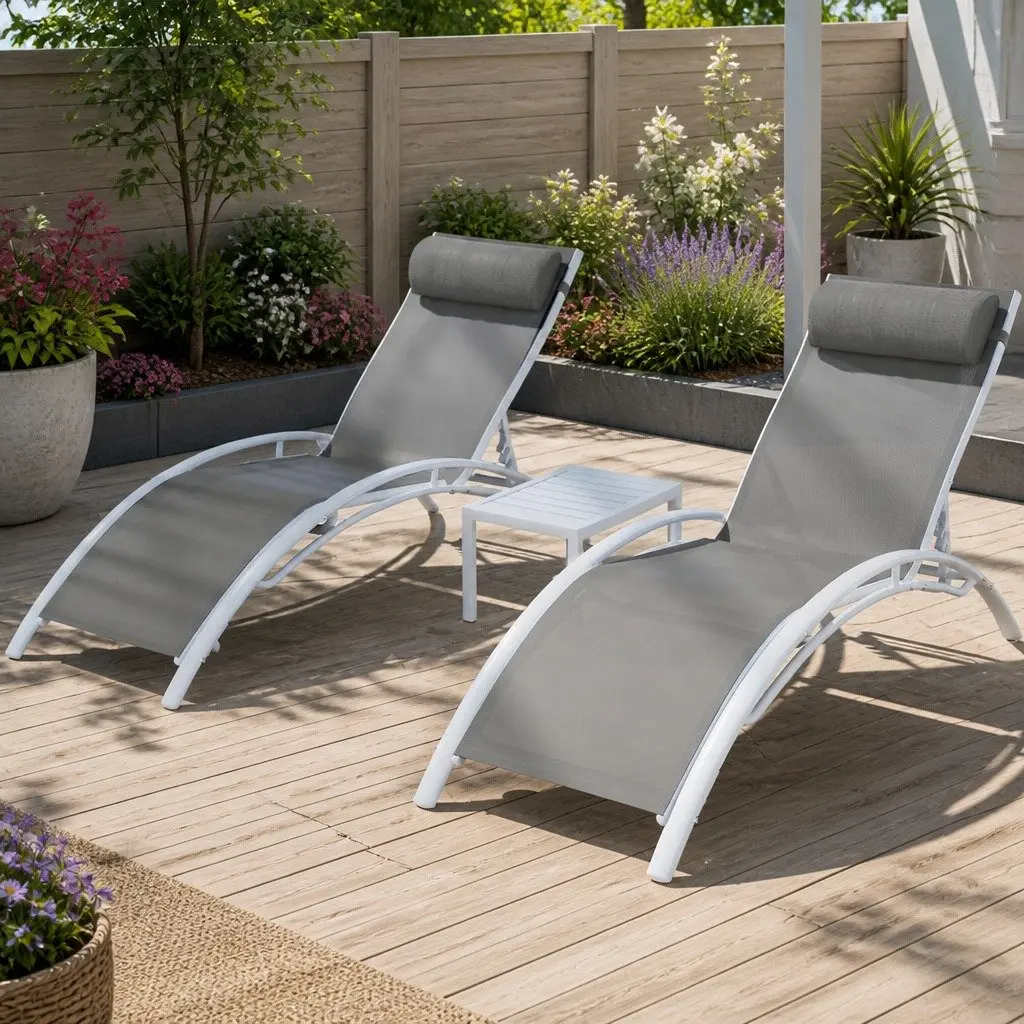 3 Piece Outdoor Lounge Set for Garden Patio Sun Lounger Chairs Steel Frame