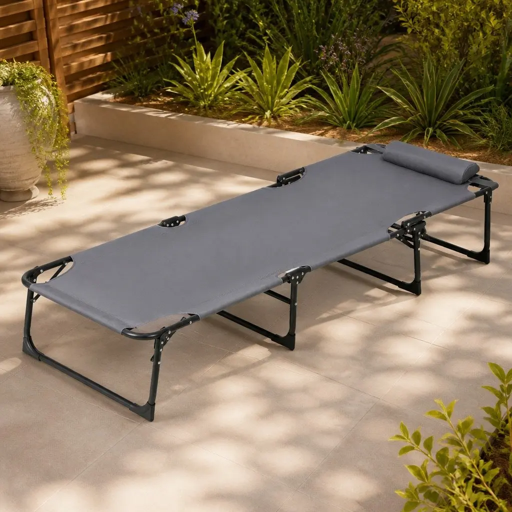 Sun Lounger Outdoor Beach Chair 4-Position Adjustable Backrest Grey