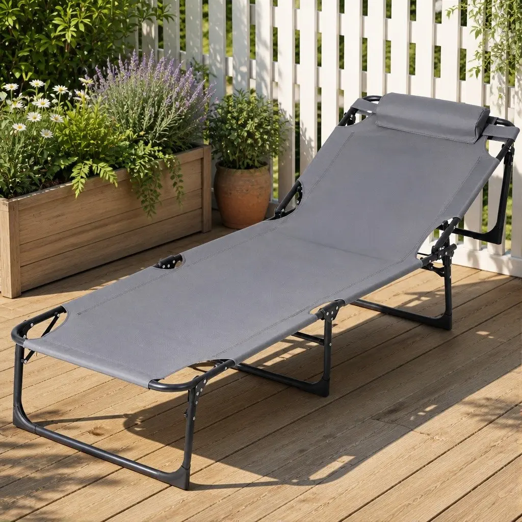 Sun Lounger Outdoor Beach Chair 4-Position Adjustable Backrest Grey