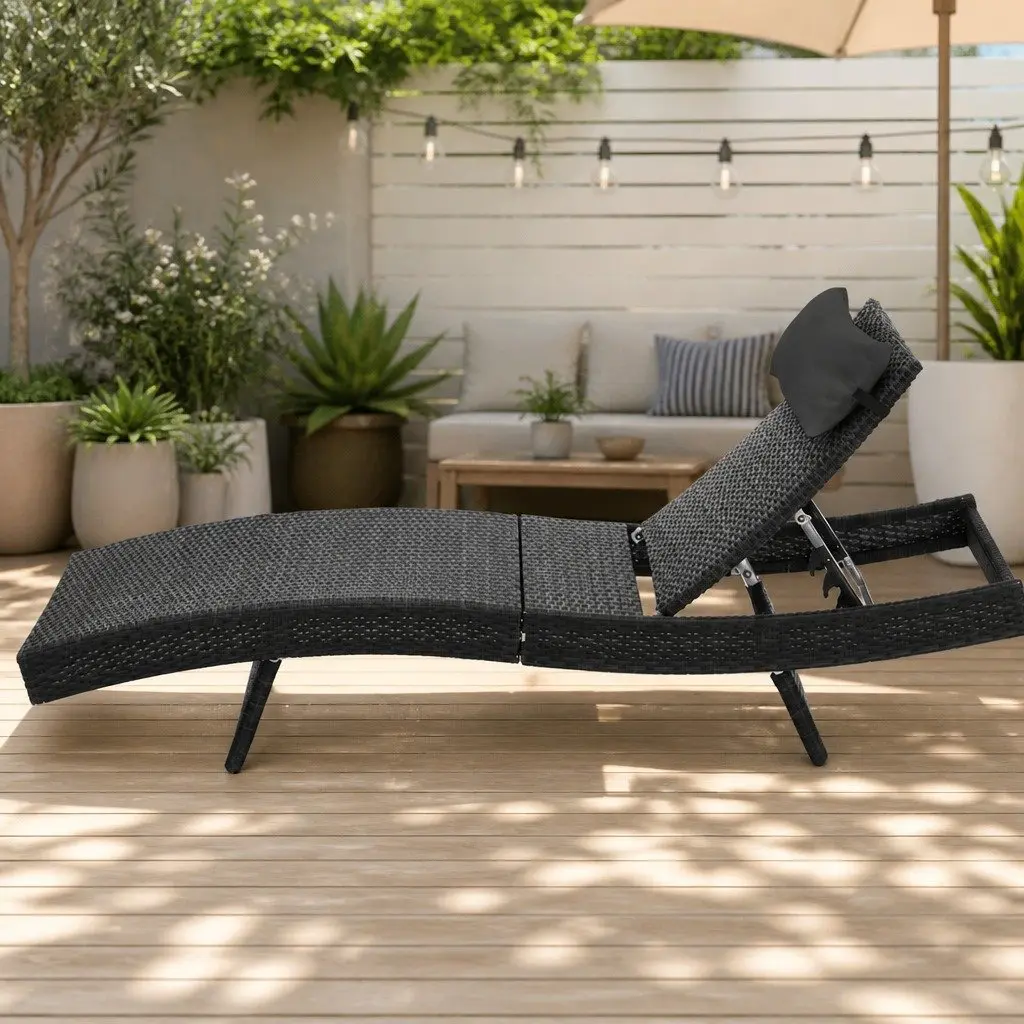 Sun Lounge Outdoor Furniture Adjustable Backrest Wicker Lounger 190cm x 64cm x 35cm