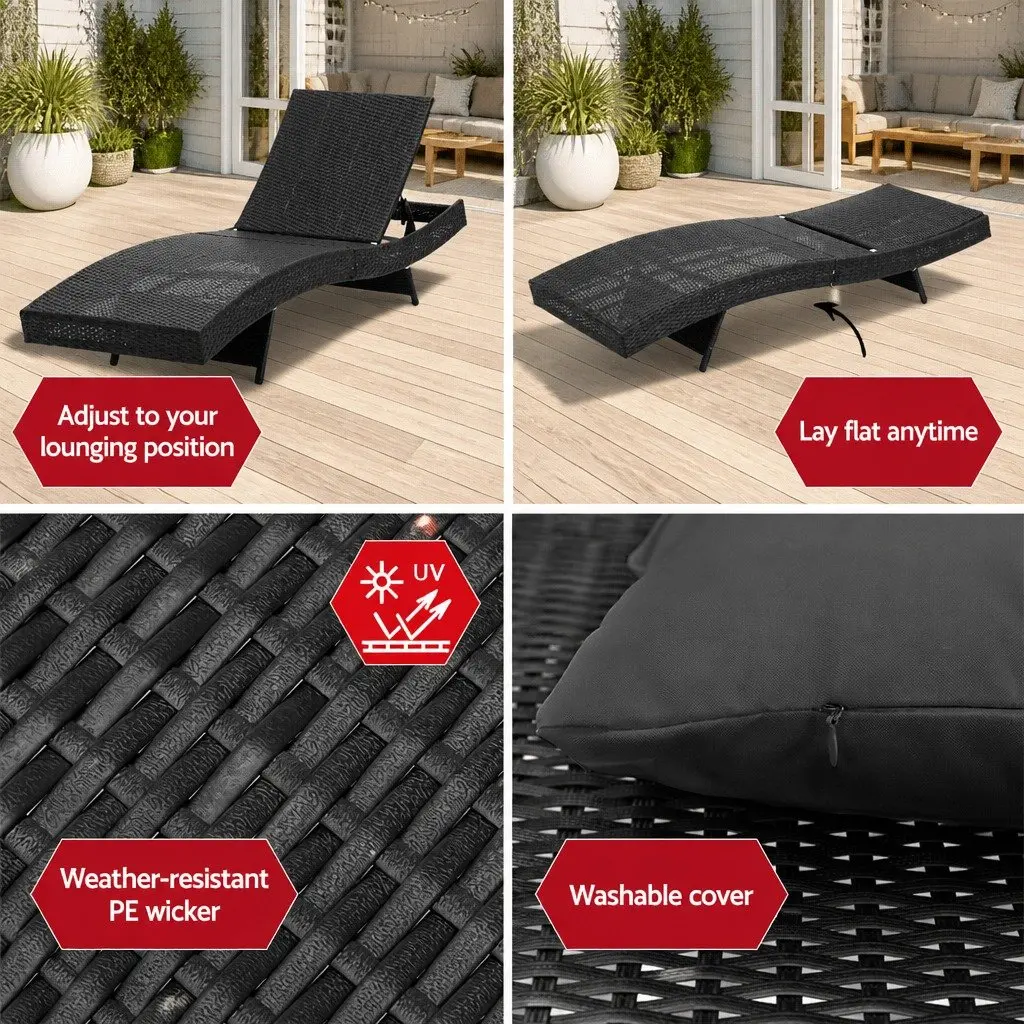 Sun Lounge Outdoor Furniture Adjustable Backrest Wicker Lounger 190cm x 64cm x 35cm
