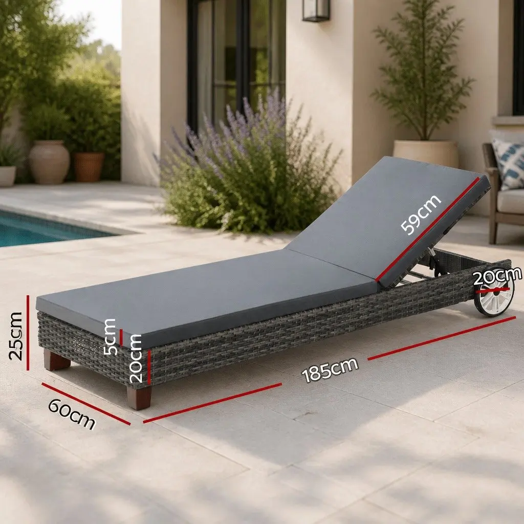 Outdoor Sun Lounger Daybed with Wheels Adjustable Backrest Grey