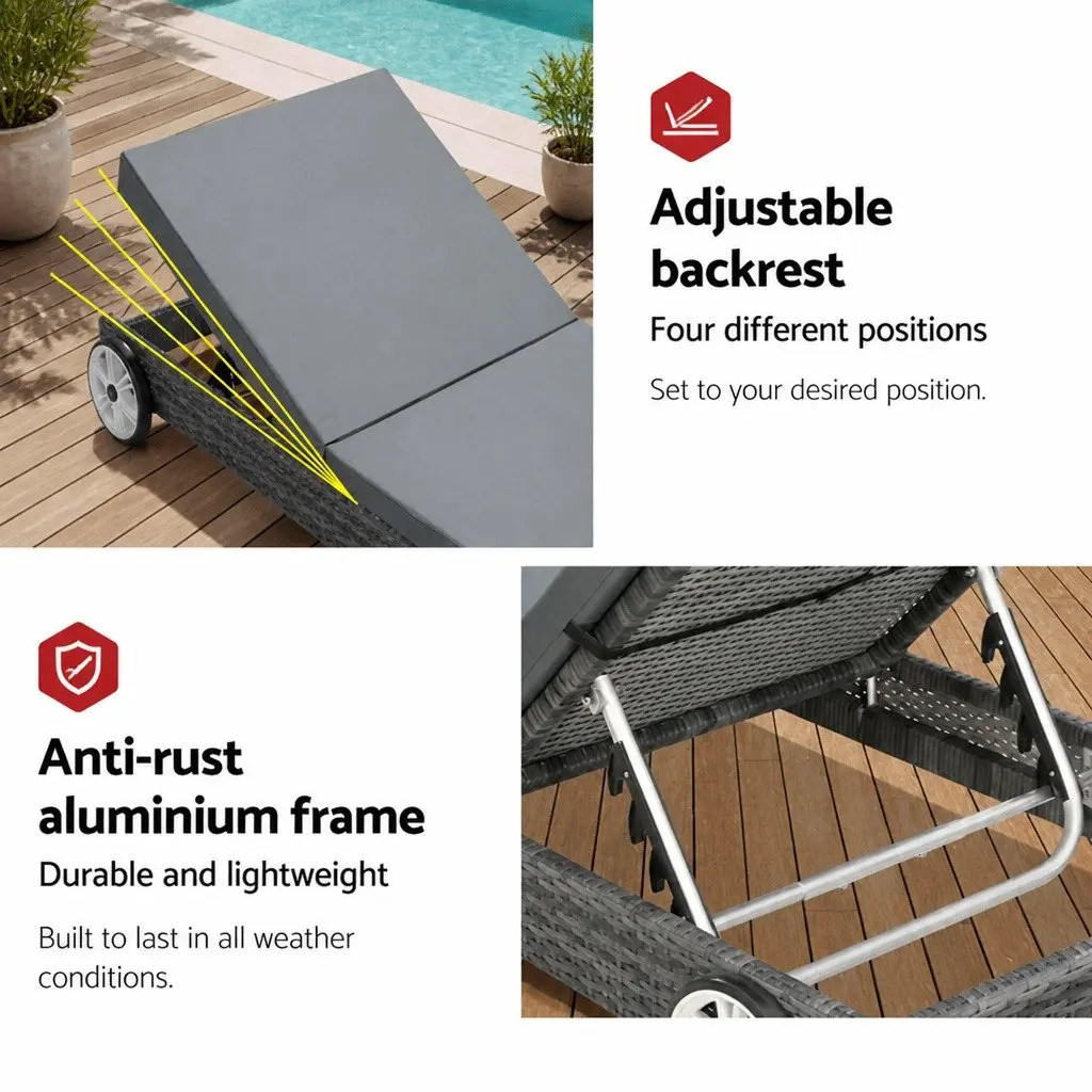 Outdoor Sun Lounger Daybed with Wheels Adjustable Backrest Grey