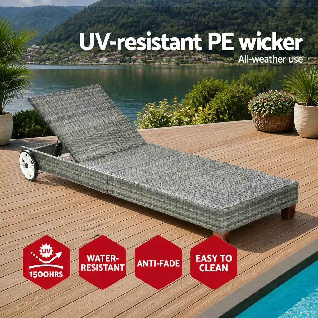 Outdoor Sun Lounger Daybed with Wheels Adjustable Backrest Grey