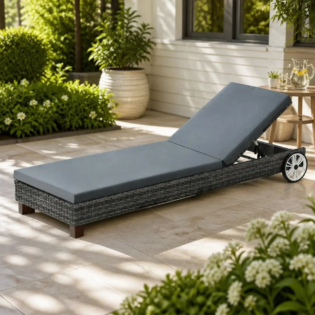 Outdoor Sun Lounger Daybed with Wheels Adjustable Backrest Grey