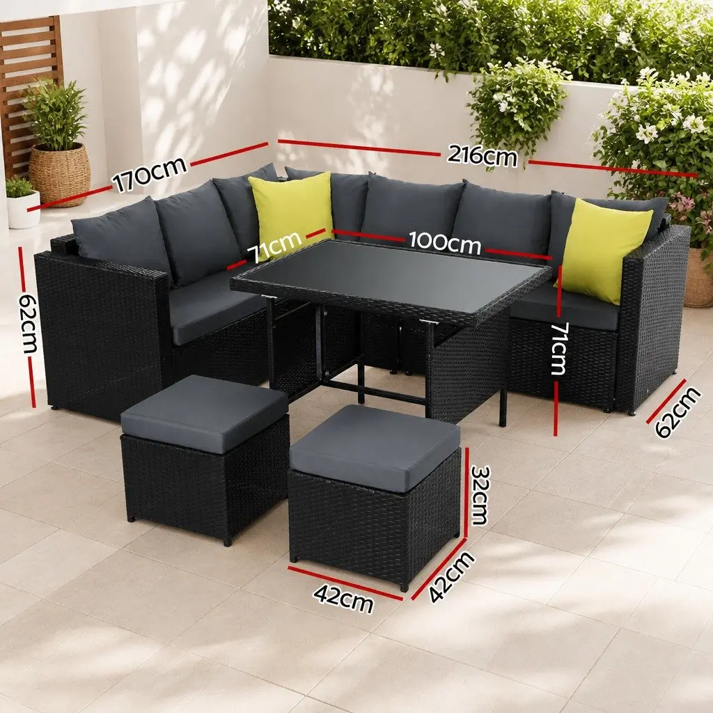 Outdoor Dining Sofa Set Modular Seating Black Wicker Aluminum Frame 9 Piece