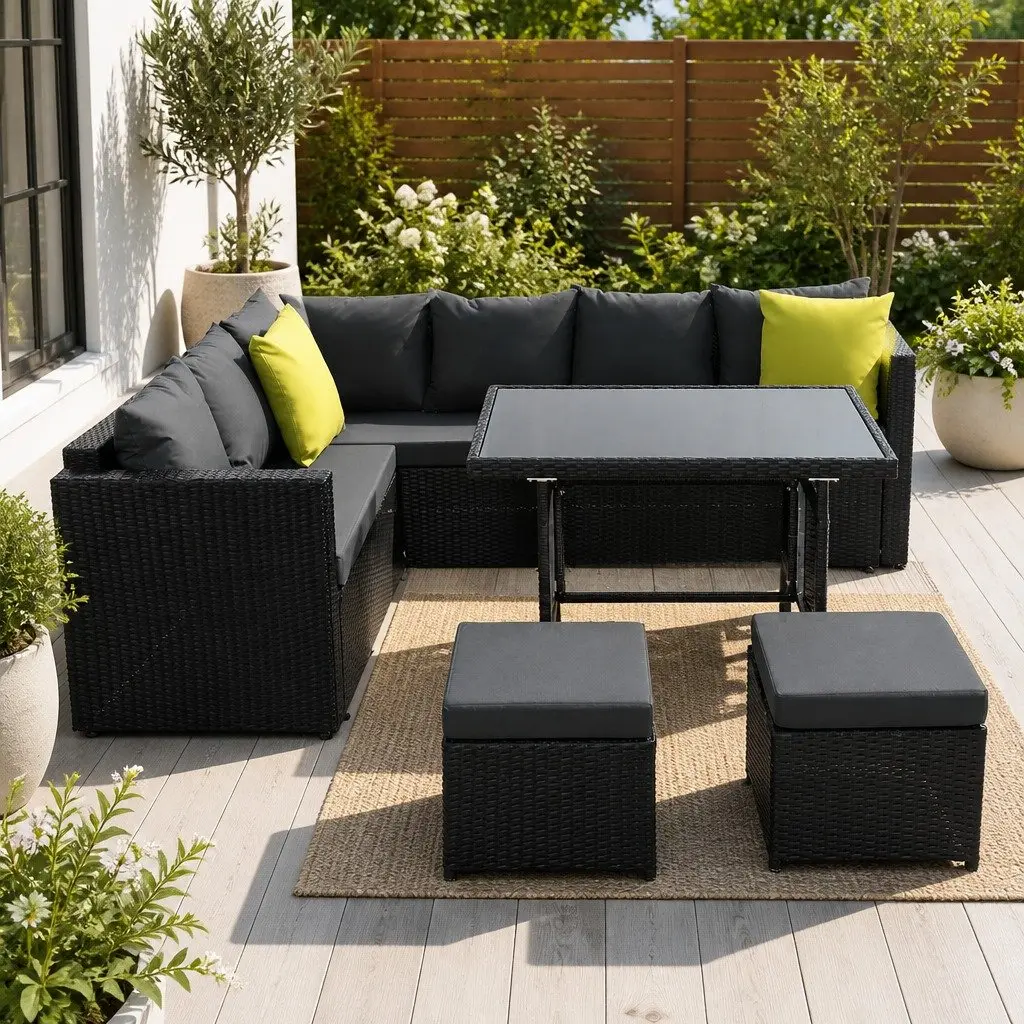 Outdoor Dining Sofa Set Modular Seating Black Wicker Aluminum Frame 9 Piece