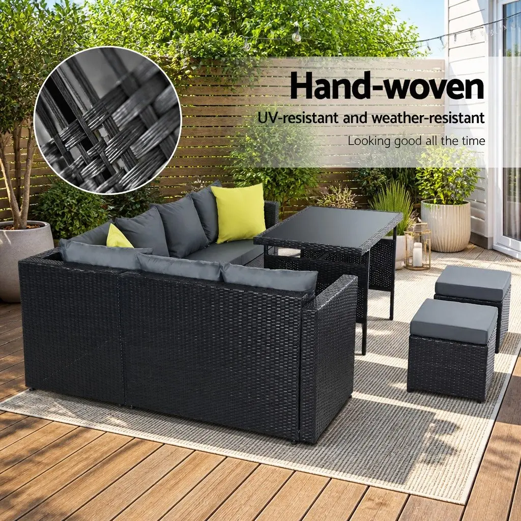 Outdoor Dining Sofa Set Modular Seating Black Wicker Aluminum Frame 9 Piece
