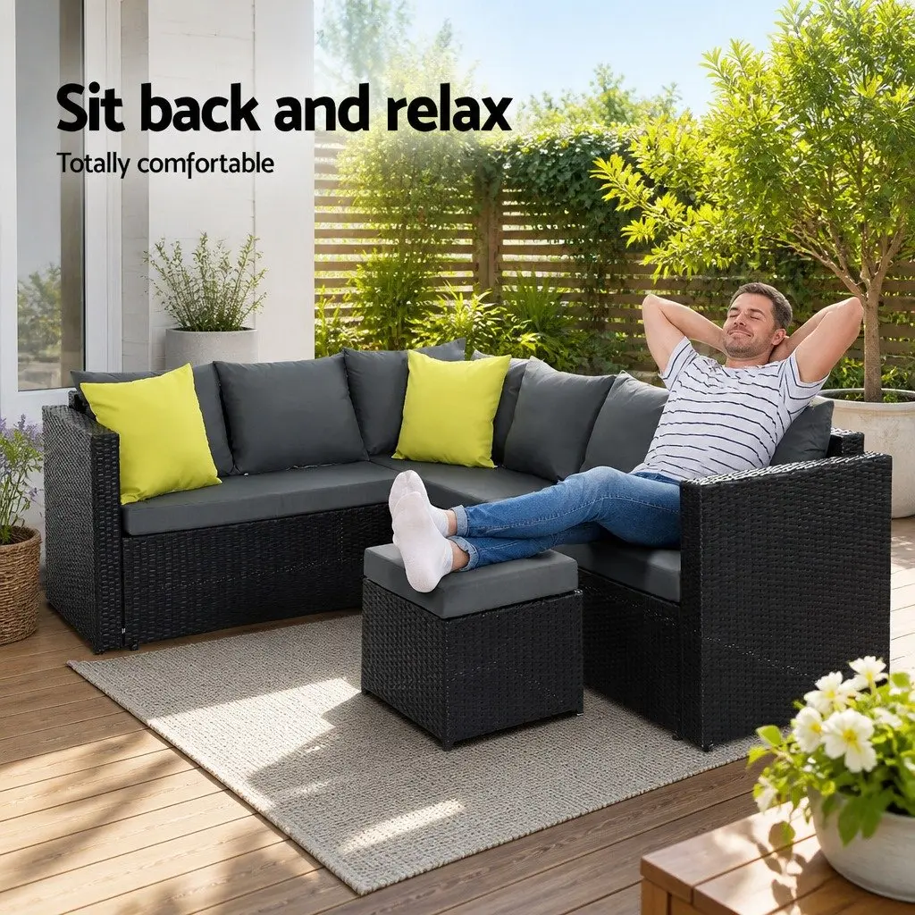 Outdoor Dining Sofa Set Modular Seating Black Wicker Aluminum Frame 9 Piece