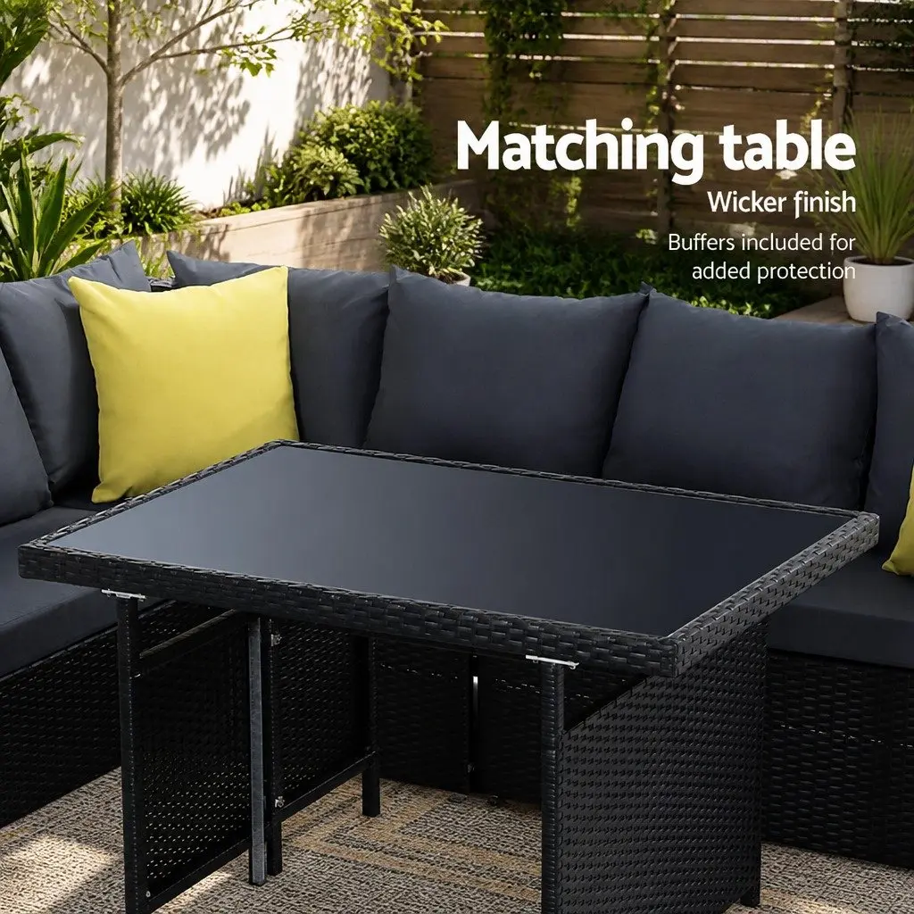 Outdoor Dining Sofa Set Modular Seating Black Wicker Aluminum Frame 9 Piece
