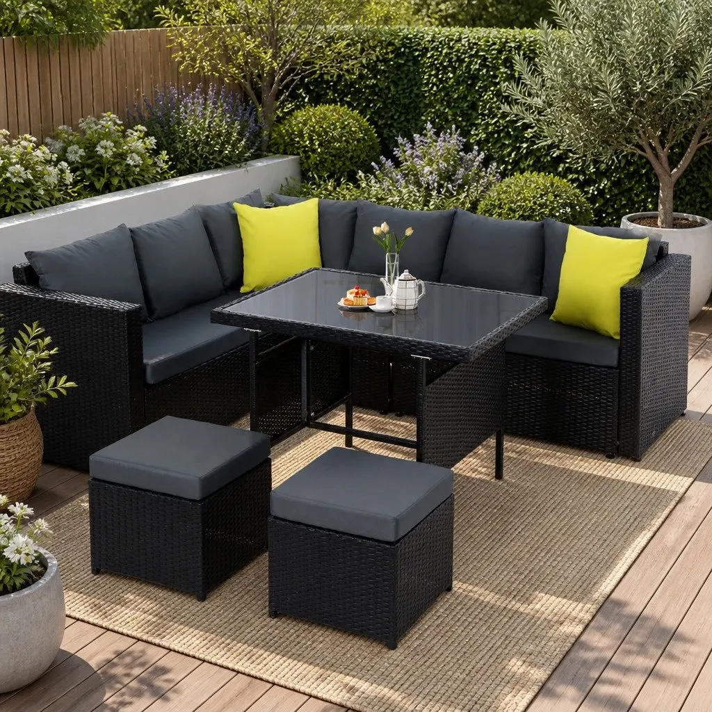 Outdoor Dining Sofa Set Modular Seating Black Wicker Aluminum Frame 9 Piece